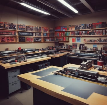 A sleek dark-themed workspace with a glowing laptop and graphic design sketches scattered around.