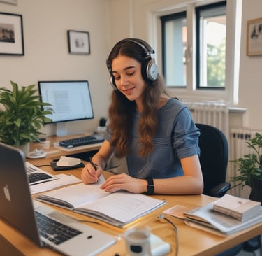 A smiling student engaged in an online French class, wearing headphones and taking notes.