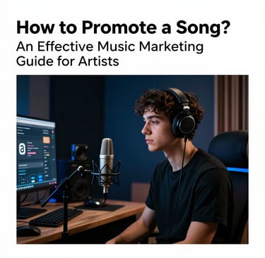 A male artist with headphones and a microphone in a studio for music marketing and song promotion.