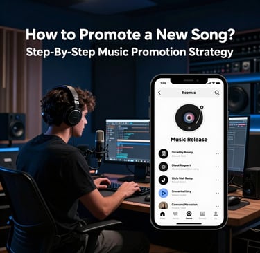 Music producer in a recording studio using a music promotion app to release a new song.