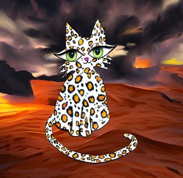 Jaguar Hawa Cat in a desert storm landscape by Eve Hennessa, contemporary collectible cat artwork