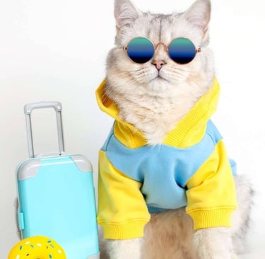Fluffy cat wearing a colorful hoodie and sunglasses sitting next to a blue suitcase.