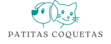Patitas Coquetas logo featuring a teal line art dog and cat icon on a black background.