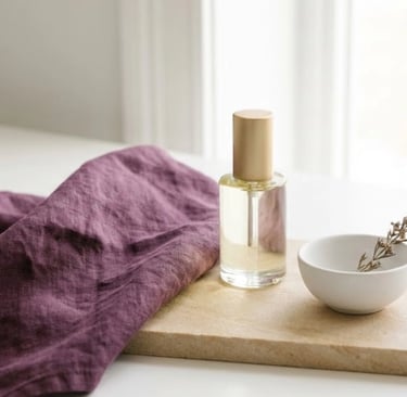 A minimalist and calming sand and plum-colored background representing gentle skincare routines for perimenopause.