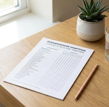 A perimenopause symptoms checklist and 14-day symptom tracker on a wooden desk
