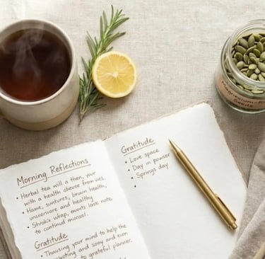 A wellness journal and herbal tea on a linen surface, illustrating the process of tracking perimenopause symptoms.
