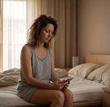 Woman in her 40s reading on her phone in the morning — searching for answers about perimenopause symptoms