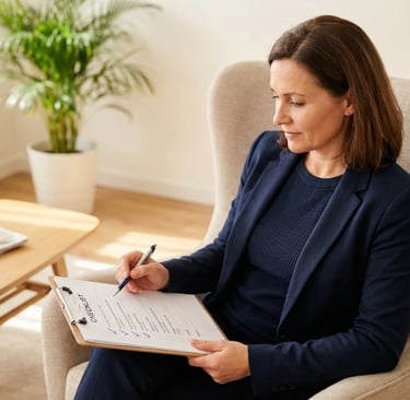 Woman in her 40s reviewing her symptom checklist before a doctor's appointment