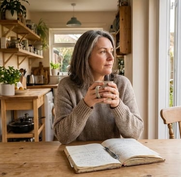 Woman in her late 40s journaling at her kitchen table in morning light — tracking her perimenopause journey over time