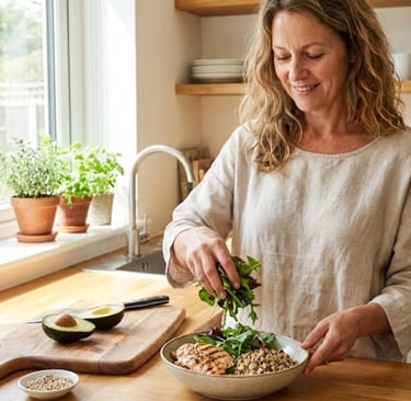 Woman in her late 40s preparing a balanced Peri Plate meal in her kitchen — simple perimenopause nutrition in practice