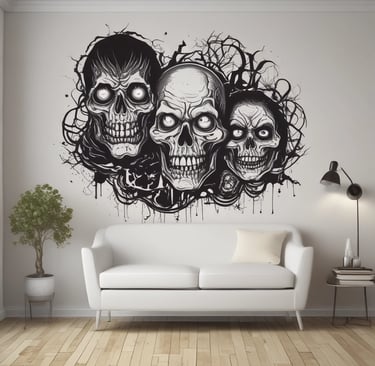 Close-up of a detailed geometric wall tattoo in soft pastel tones.