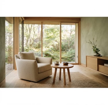 Wide panoramic shot of a serene, minimalist consultation room bathed in soft natural light, a comfortable chair and a small, uncluttered wooden table, soft sage green accents, high-end spa aesthetic, no people, shallow depth of field, 35mm