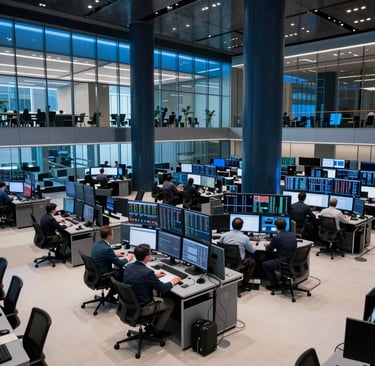 A wide editorial photograph capturing a high-tech financial news trading floor in New York City, North American / US. Glass-walled conference rooms illuminated with cool steel blue and bright ocean blue accent lights overlook a bustling workspace with analysts at multi-monitor desks reviewing market data. Modern architectural setting with deep dark navy structural pillars and off-white flooring. The overall aesthetic reflects a sleek, authoritative editorial design with a modern financial-tech atmosphere, tailored for artificial intelligence and market intelligence journalism.