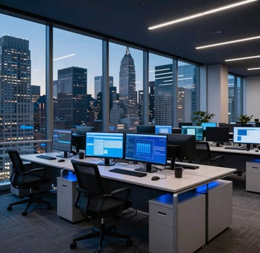 A modern digital media workstation in a New York financial district office, North American / US setting. High-ceiling office space with large glass windows reflecting a twilight city skyline. Dark navy ambient lighting combined with vibrant blue accent lights on executive desks. Clean, high-contrast digital editorial atmosphere with sharp focal depth.
