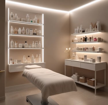 A warm, softly lit treatment room showcasing a clean, neutral-toned skincare studio with neatly arranged clinical skincare products.