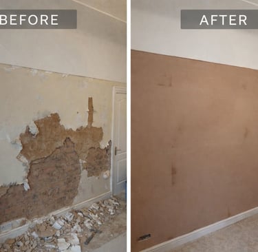 Before and after plastering of living room walls in Wirra