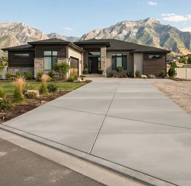 A freshly poured, smooth broom-finished concrete driveway leading up to a modern single-story home in Lehi, Utah