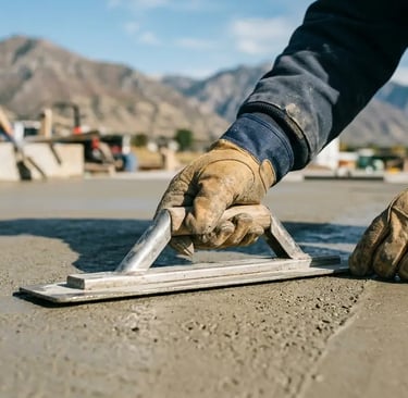 contractor's hands smoothing and finishing a freshly poured concrete surface using a steel float tool
