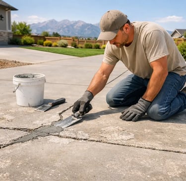Concrete contractor repairing a cracked residential driveway at a suburban home in Lehi Utah