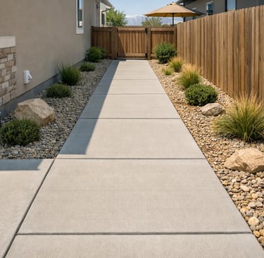 Concrete side yard walkway connecting the front driveway to a backyard gate and patio at a home in Lehi Utah