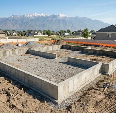 Finished concrete foundation installation ready for building construction at a residential property in Lehi UT