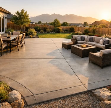 Large smooth concrete patio in the backyard of a suburban home in Lehi UT