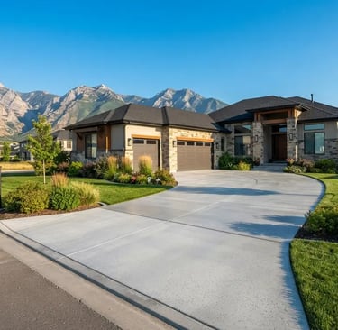 A freshly poured, smooth gray concrete driveway leading to a modern suburban home in Lehi, Utah,