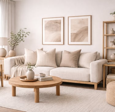 Modern minimalist living room featuring a beige sofa, wooden coffee table, and japandi style decor.