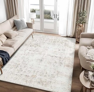 Modern distressed area rug in a bright living room with neutral sofa and large windows.