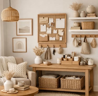 A Japandi-style home office with a wooden desk, wicker storage baskets, and a minimalist pegboard organizer.