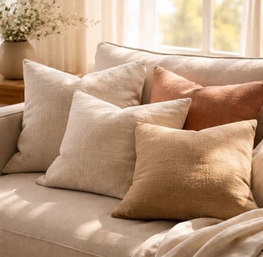 Neutral linen throw pillows in beige and terracotta colors on a cozy sofa in a bright living room.