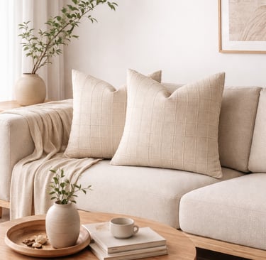 Neutral textured throw pillows on a beige sofa in a minimalist living room with a wooden coffee table.