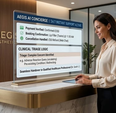 AI patient follow-up concierge system at UK aesthetics clinic reception desk