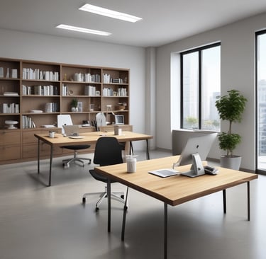 A sparkling clean office space with sunlight streaming through large windows in Westlake.