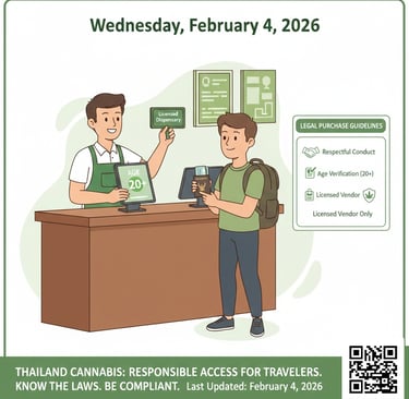 Illustration explaining how foreigners can legally buy cannabis in Thailand, showing ID checks and l