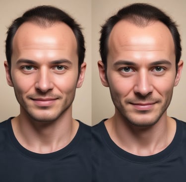 Cartoon style happy client before hair transplant, looking worried and hairless