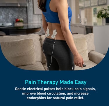 Woman using OMRON Max Power Relief TENS Device (PM500) on her low back for back pain relief