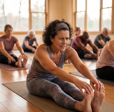 Woman stretching in yoga class through back pain