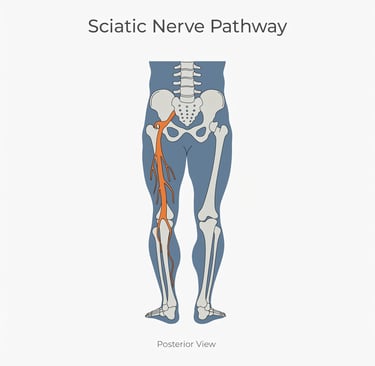 Illustration showing the sciatic nerve running from the lower back through the leg