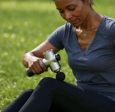 Woman using a massage gun to relieve back pain