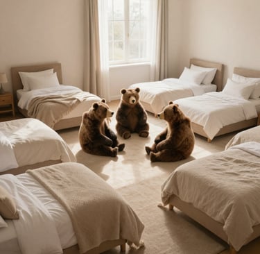 a group of bears sitting in a circle surrounded by mattresses