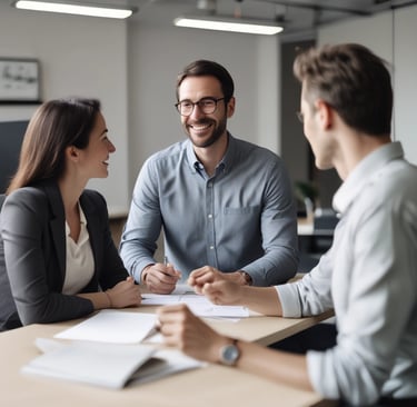 A professional advisor warmly assisting a family with paperwork in a bright office.