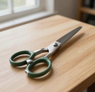 A close-up photograph of high-end professional tailor's shears resting on a clean light oak table. The lighting is soft and natural, coming from a window in a North American / US design studio. The composition is minimalist, highlighting the polished silver steel and deep green handles.