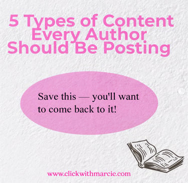 Social media carousel cover slide titled 5 Types of Content Every Author Should Be Posting, designed