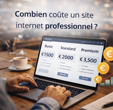 Comparison of professional website development costs and pricing plans shown on a laptop screen.