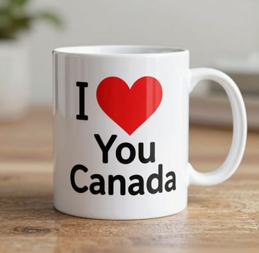 A white ceramic mug with a striking red maple leaf print and festive pattern