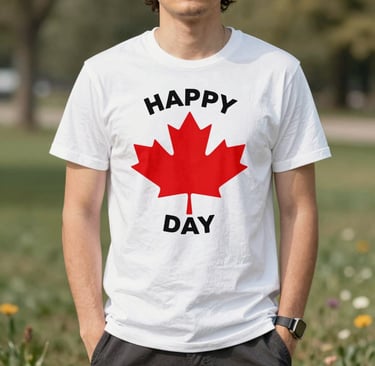 A bold red-and-white Canada Day t-shirt laid flat with maple leaf accents
