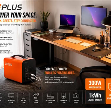 Portable LiPlus 300W power station powering a home office desk with a laptop, monitor, and smartphone.