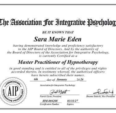 Association For Integrative Psychology Master Practitioner Hypnotherapy certificate for Sara Eden.