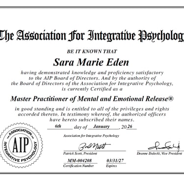 Association For Integrative Psychology Master Practitioner of MER certificate issued to Sara Eden.